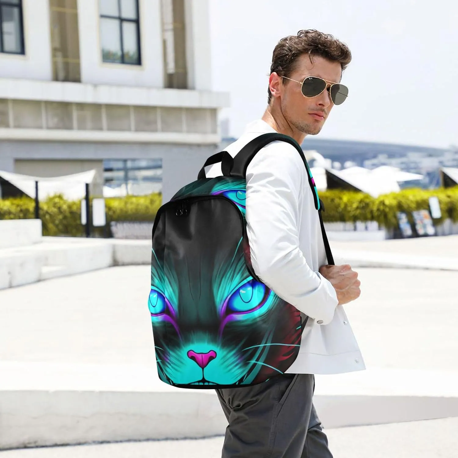 CHIFIGNO Ladies Casual Daypack Backpacks for Women Waterproof Cat Black Blue Glowing Eyes Gifts Teen College Bookbag