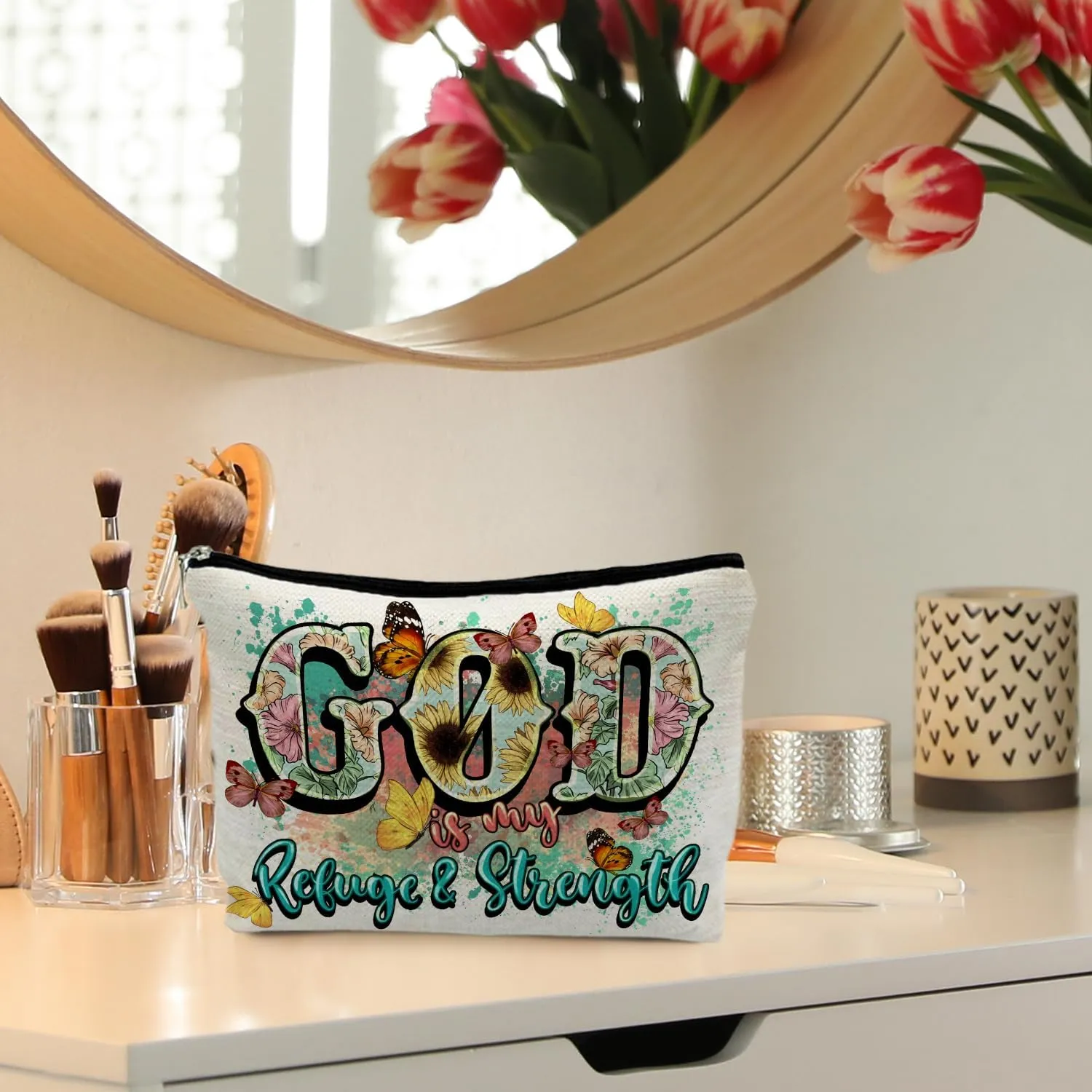 Christian Gifts for Women - Floral Christian Makeup Cosmetic Bags for Women, God is My Refuge and Strength Bible Verse Religious Small Makeup Bag Pouch for Purse