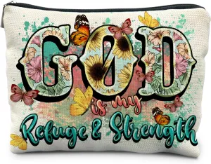 Christian Gifts for Women - Floral Christian Makeup Cosmetic Bags for Women, God is My Refuge and Strength Bible Verse Religious Small Makeup Bag Pouch for Purse