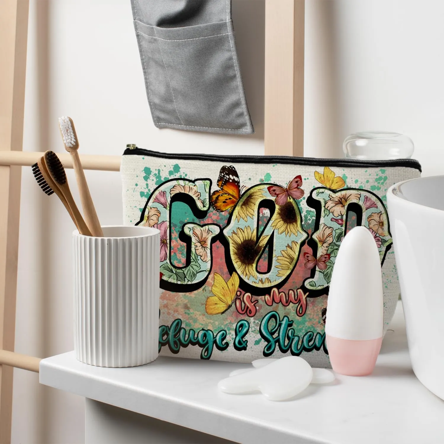 Christian Gifts for Women - Floral Christian Makeup Cosmetic Bags for Women, God is My Refuge and Strength Bible Verse Religious Small Makeup Bag Pouch for Purse