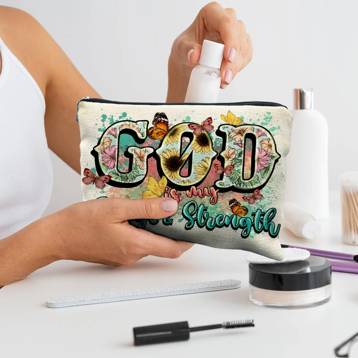Christian Gifts for Women - Floral Christian Makeup Cosmetic Bags for Women, God is My Refuge and Strength Bible Verse Religious Small Makeup Bag Pouch for Purse