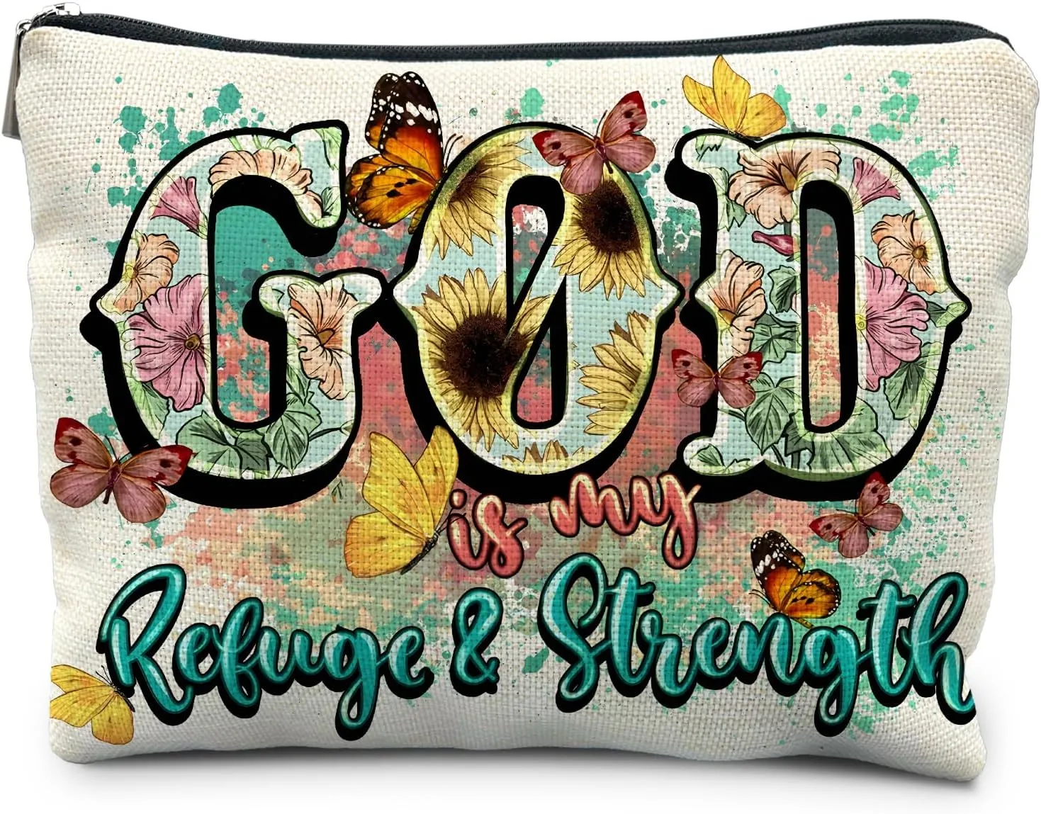 Christian Gifts for Women - Floral Christian Makeup Cosmetic Bags for Women, God is My Refuge and Strength Bible Verse Religious Small Makeup Bag Pouch for Purse