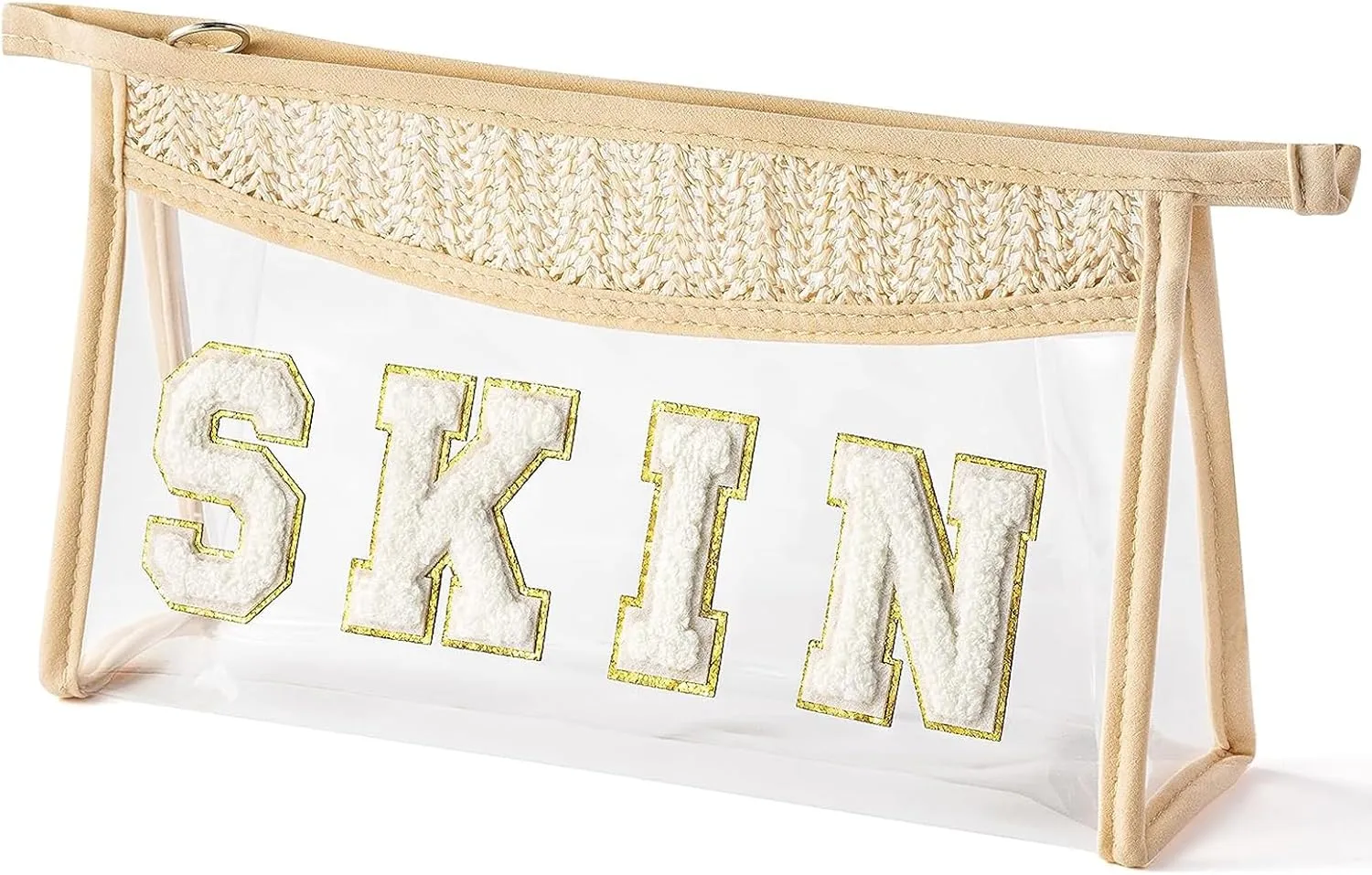 Clear Boho Patch Makeup Bag, Letter BEACH Cosmetic Bag, Transparent Travel Toiletry Bag, Waterproof Snacks Bag, Zipper Sunscreen Summer Skincare Bag Gift for Women Girls (skin)