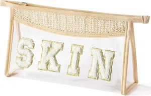 Clear Boho Patch Makeup Bag, Letter BEACH Cosmetic Bag, Transparent Travel Toiletry Bag, Waterproof Snacks Bag, Zipper Sunscreen Summer Skincare Bag Gift for Women Girls (skin)