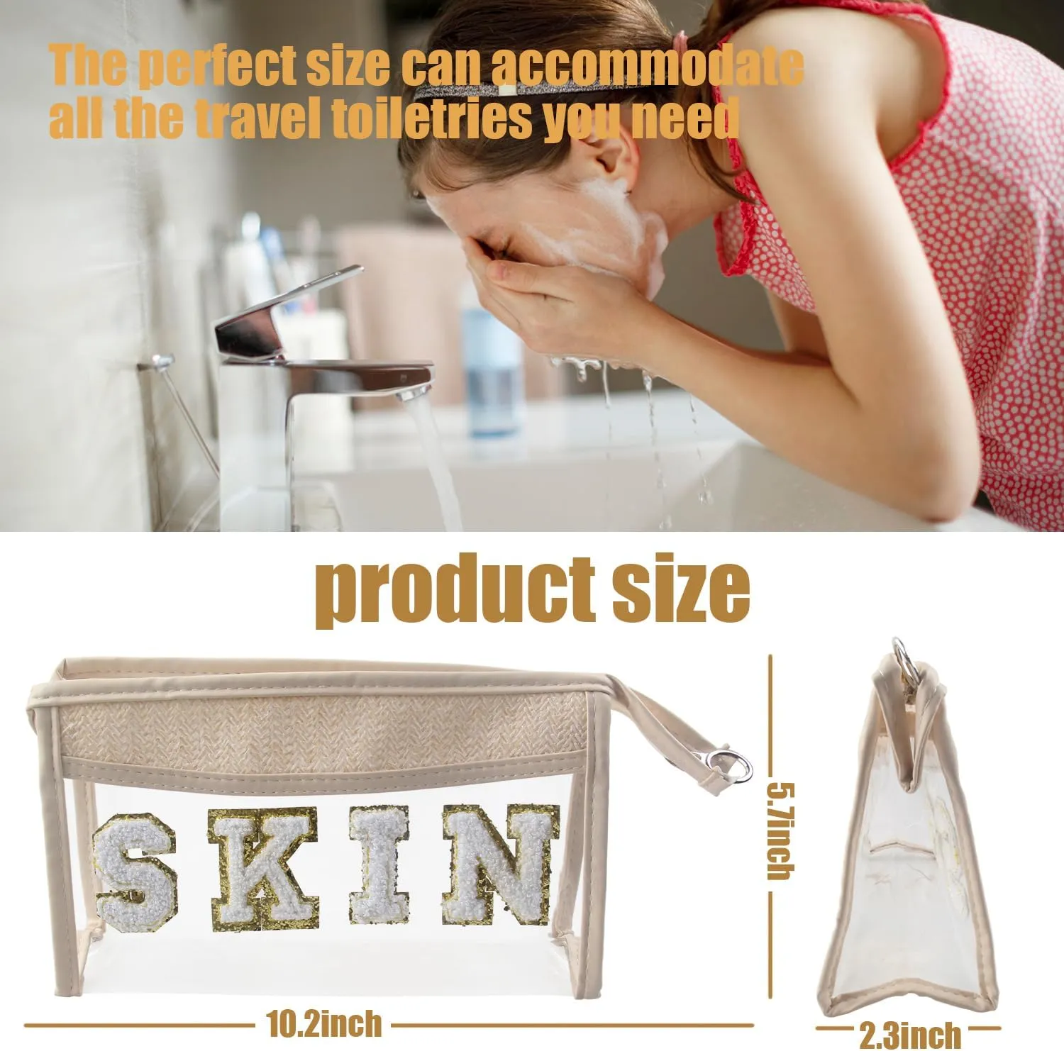 Clear Boho Patch Makeup Bag, Letter BEACH Cosmetic Bag, Transparent Travel Toiletry Bag, Waterproof Snacks Bag, Zipper Sunscreen Summer Skincare Bag Gift for Women Girls (skin)