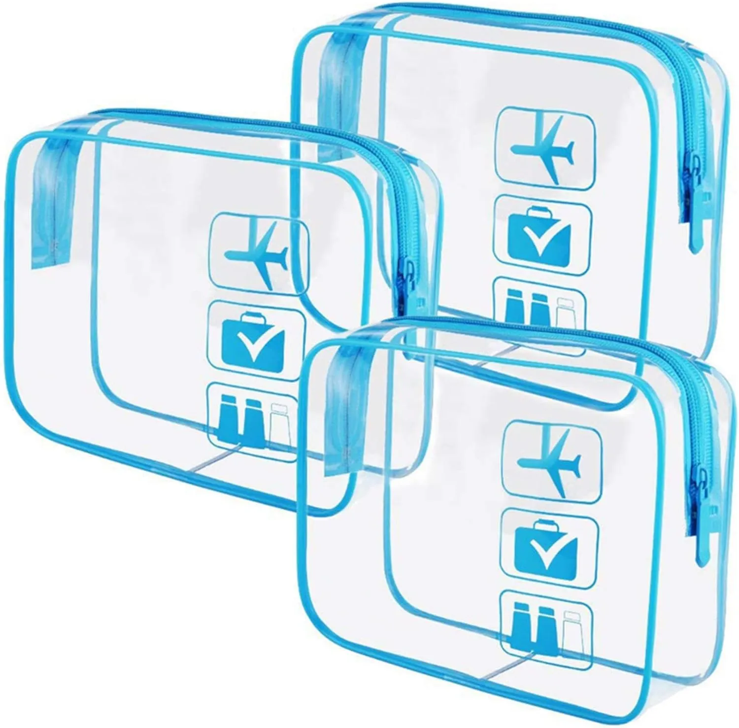 Clear Makeup Bag,Makeup Bag Organizer & Cosmetic Bag for Women With Zipper,Carry On Clear Toiletry Bag Airport Compliant Toiletries For Travel (Blue,3 PCS)
