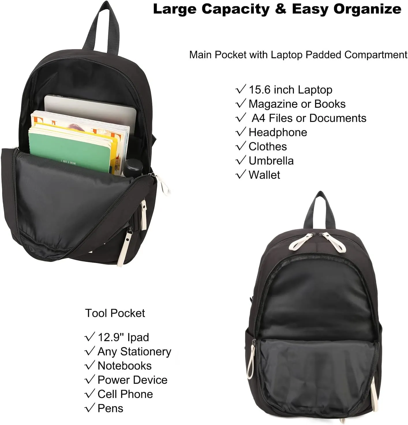 College Backpack for Women Men Laptop Backpack Fits 15.6Inch Notebook(Black)