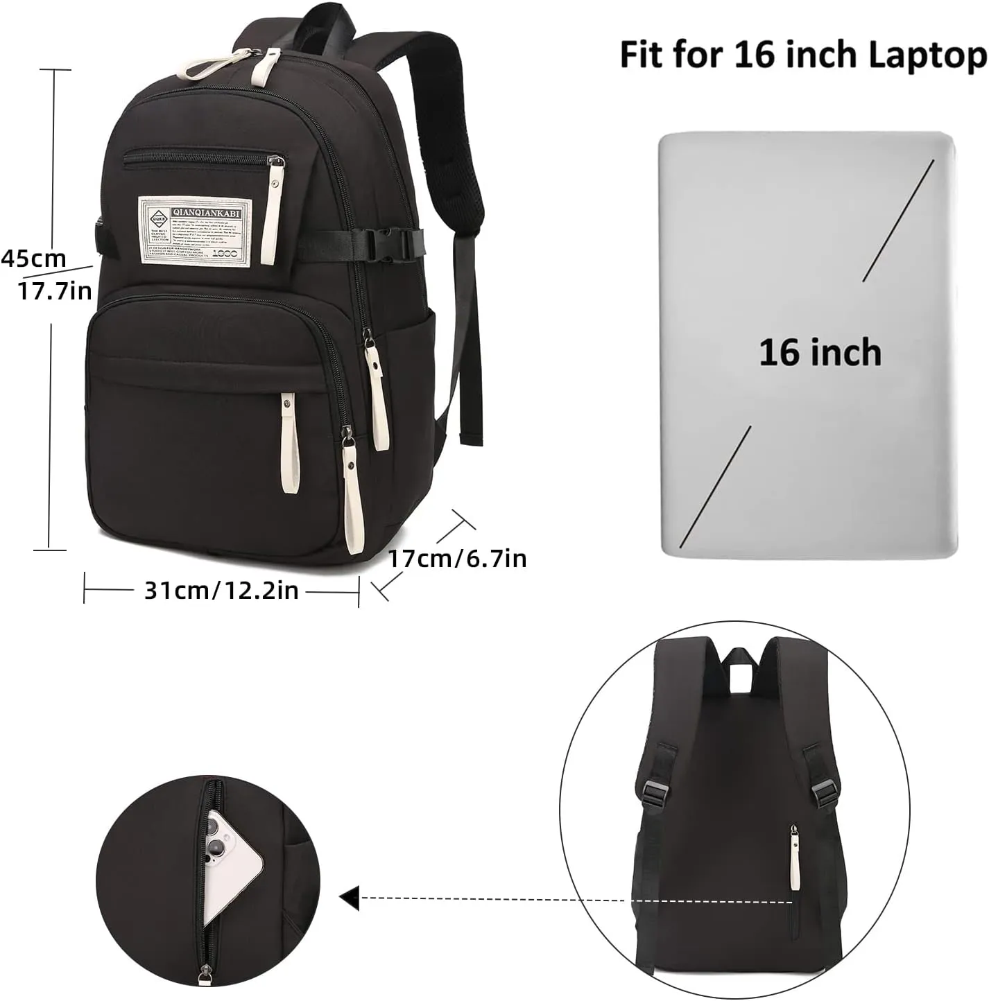 College Backpack for Women Men Laptop Backpack Fits 15.6Inch Notebook(Black)