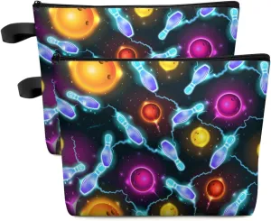 Colorful Bowling Ball Cosmetic Bags for Women, Modern Art Sports Theme Small Makeup Bag for Purse, Waterproof Travel Toiletry Bag Accessories Organizer, 2PCS
