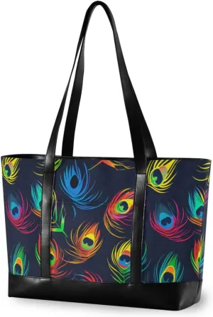 Colorful Peacock Feathers modern tote bag for women with zipper bags for work for Travel Gym Vacation with diaper bolsa para laptop mujer