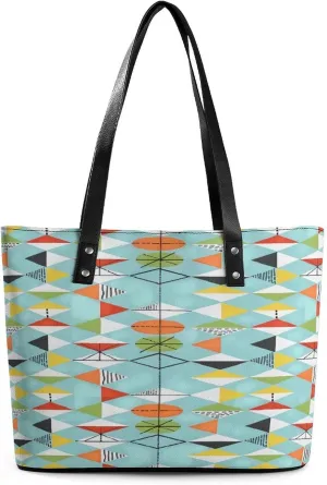 Colorful Retro Mid Century Modern Atomic Pattern Women Tote Bags Top Handle Satchel Handbags Faux Leather Tassel Shoulder Purse