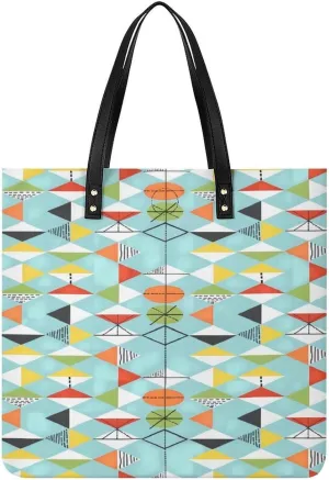 Colorful Retro Mid Century Modern Atomic Pattern Women Tote Bags Top Handle Satchel Handbags PU Faux Leather Tassel Shoulder Purse, 15.4x15.4in