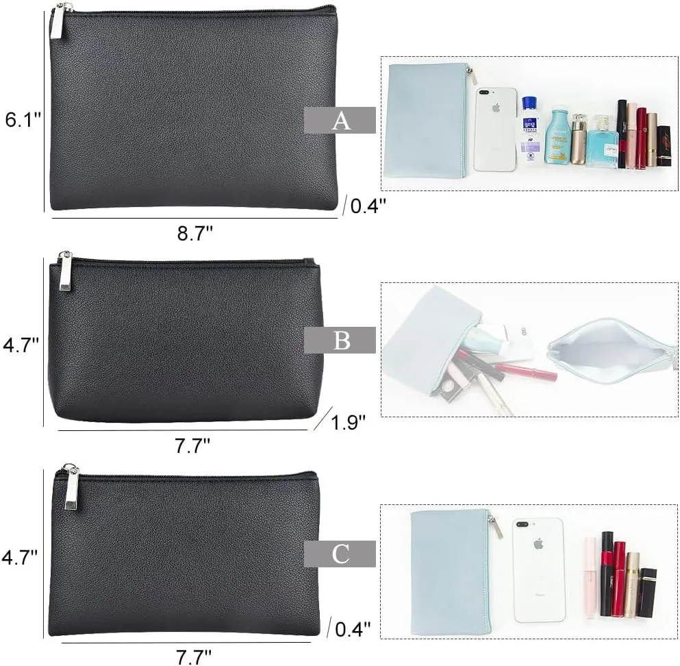 Cosmetic Bag Set, Small Makeup Bag for Purse, Large Zipper Pouch for Women, Handy Faux Leather Cosmetic Pouch for Brushes, Lipsticks, Black