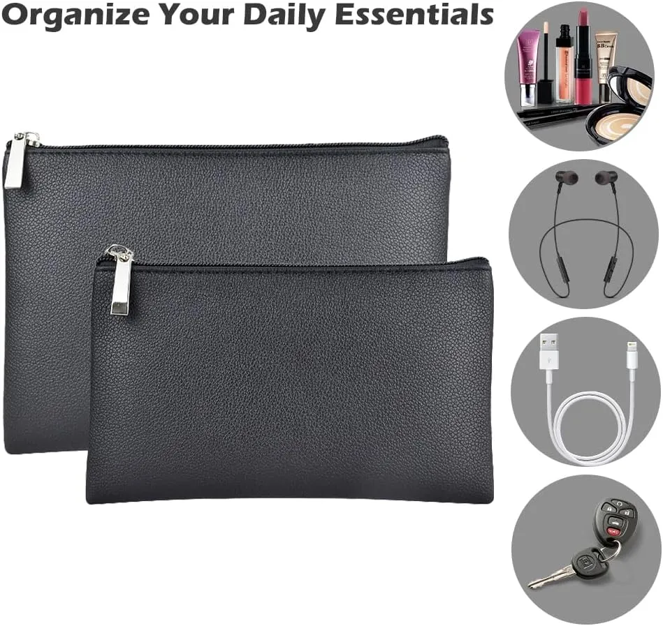 Cosmetic Bag Set, Small Makeup Bag for Purse, Large Zipper Pouch for Women, Handy Faux Leather Cosmetic Pouch for Brushes, Lipsticks, Black