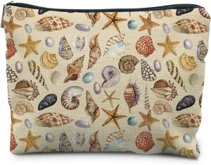 Costal Beach Makeup Cosmetic Bag for Women - Women's Beach Gifts, Seashell Starfish Beachy Small Makeup Bag Pouch for Purse