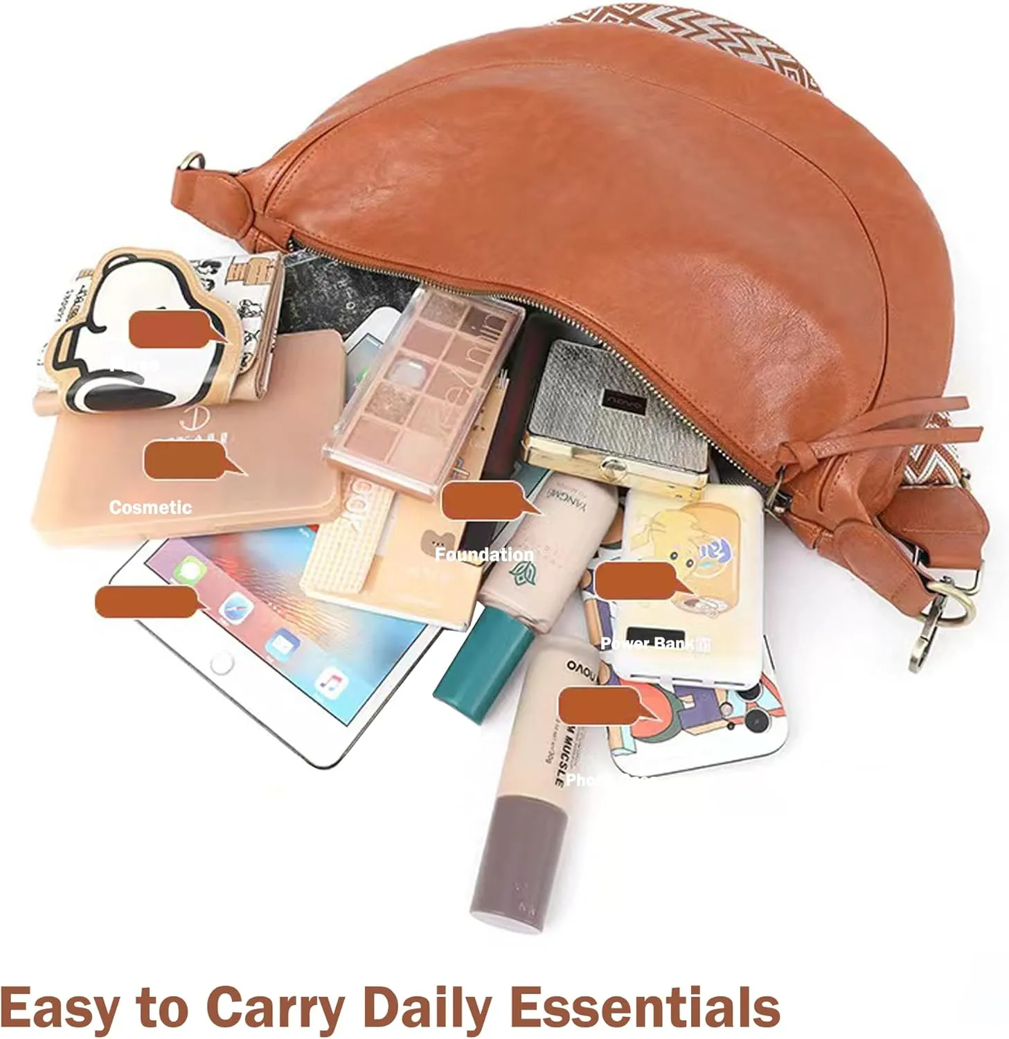 Crossbody Bags Leather Tote Bags Large Shoulder Bag Soft PU Leather Satchel Clutch Purses Hobo Handbag with Boho Strap