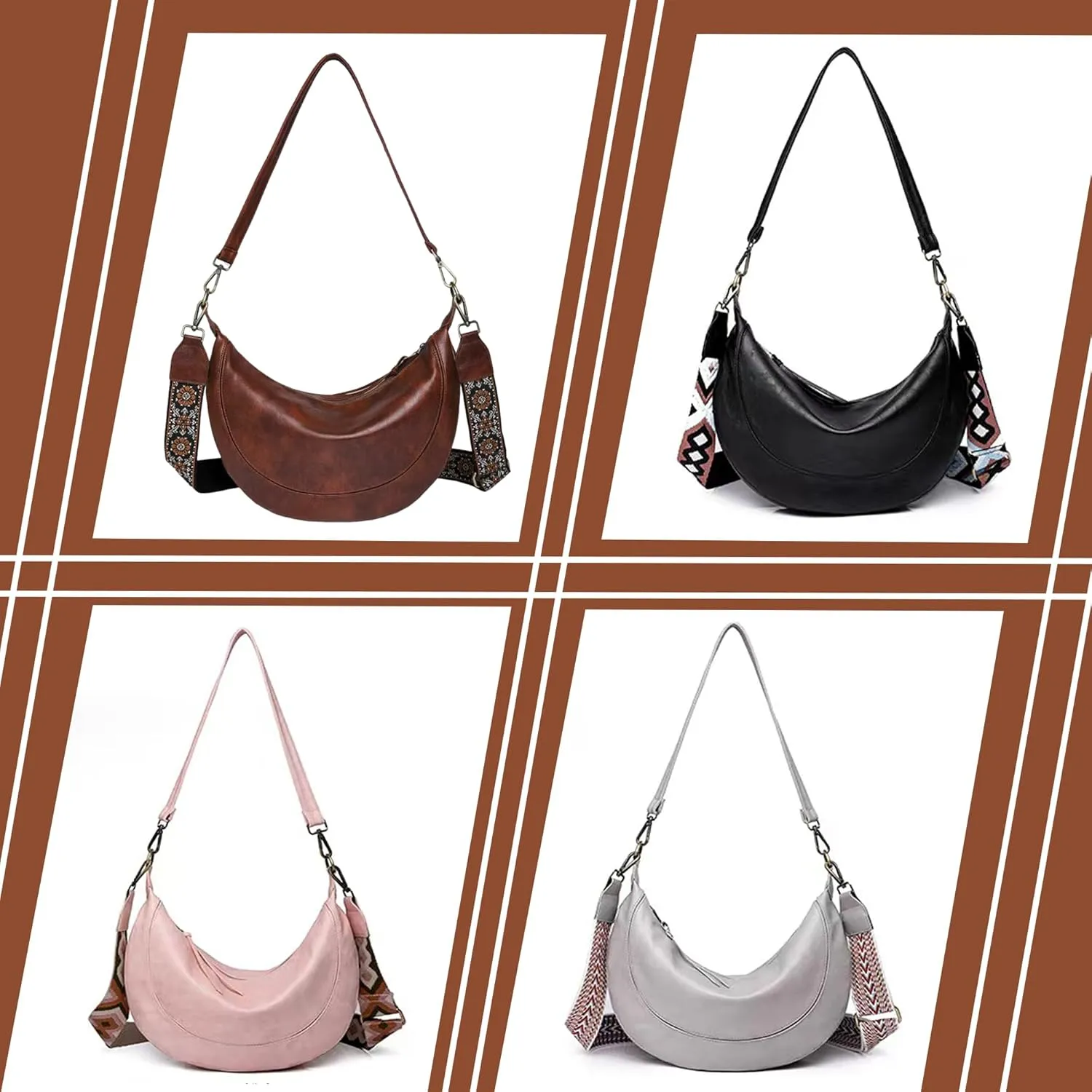 Crossbody Bags Leather Tote Bags Large Shoulder Bag Soft PU Leather Satchel Clutch Purses Hobo Handbag with Boho Strap