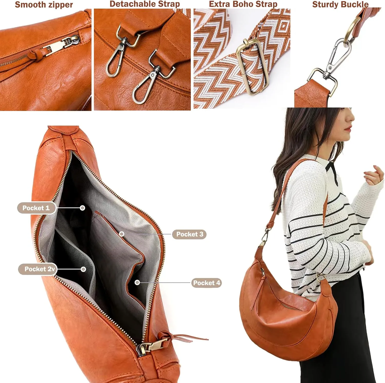 Crossbody Bags Leather Tote Bags Large Shoulder Bag Soft PU Leather Satchel Clutch Purses Hobo Handbag with Boho Strap