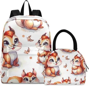 Cute Squirrel Backpacks and Lunchboxes Waterproof Picnic Cooler Girl Bookbag, Book Bags with Lunch Box