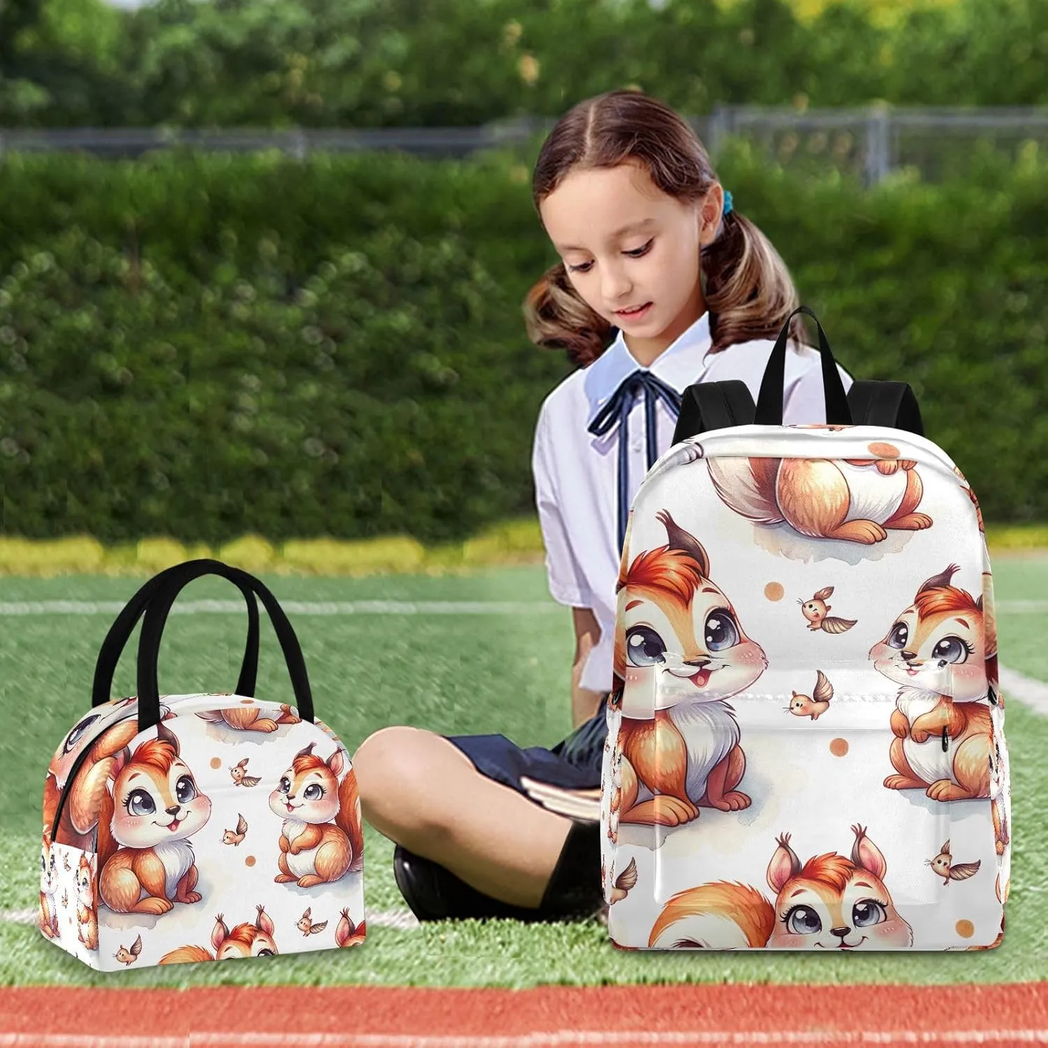 Cute Squirrel Backpacks and Lunchboxes Waterproof Picnic Cooler Girl Bookbag, Book Bags with Lunch Box