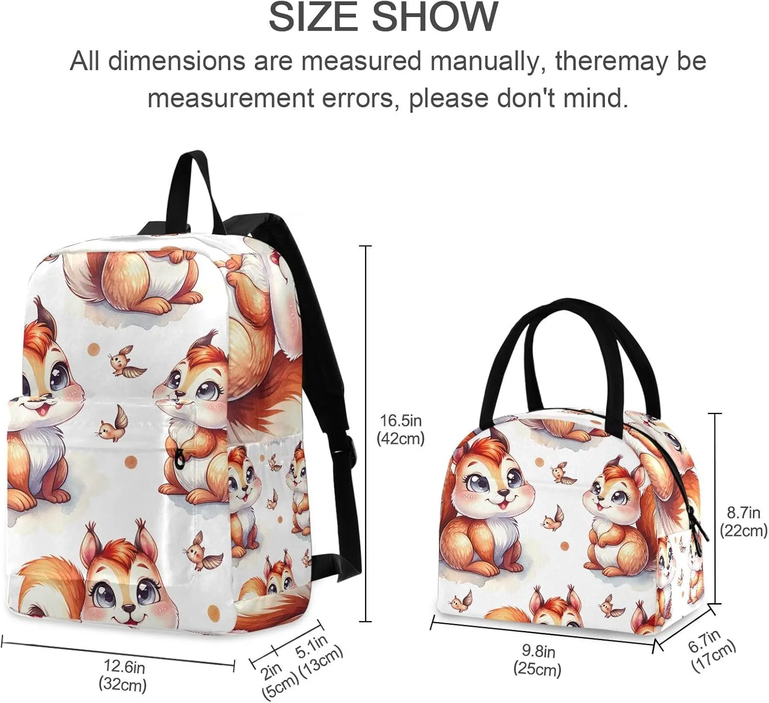 Cute Squirrel Backpacks and Lunchboxes Waterproof Picnic Cooler Girl Bookbag, Book Bags with Lunch Box