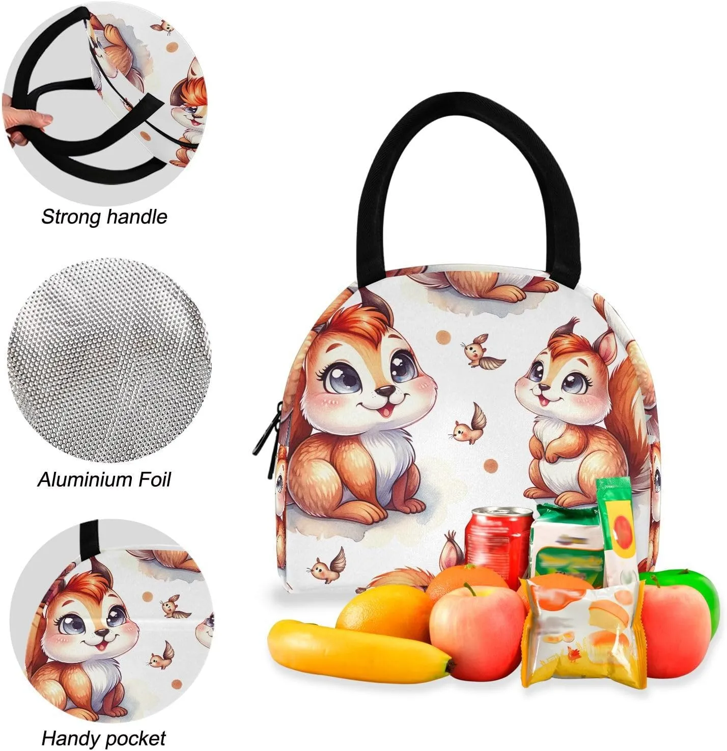 Cute Squirrel Backpacks and Lunchboxes Waterproof Picnic Cooler Girl Bookbag, Book Bags with Lunch Box