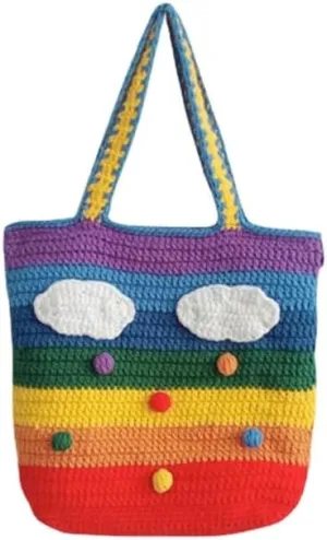 Cute Tote Bags Y2K Aesthetic Purse Fairycore Crochet Beach Bag Cottagecore Rainbow Crossbody Hobo Bag Grunge Accessories (Large)