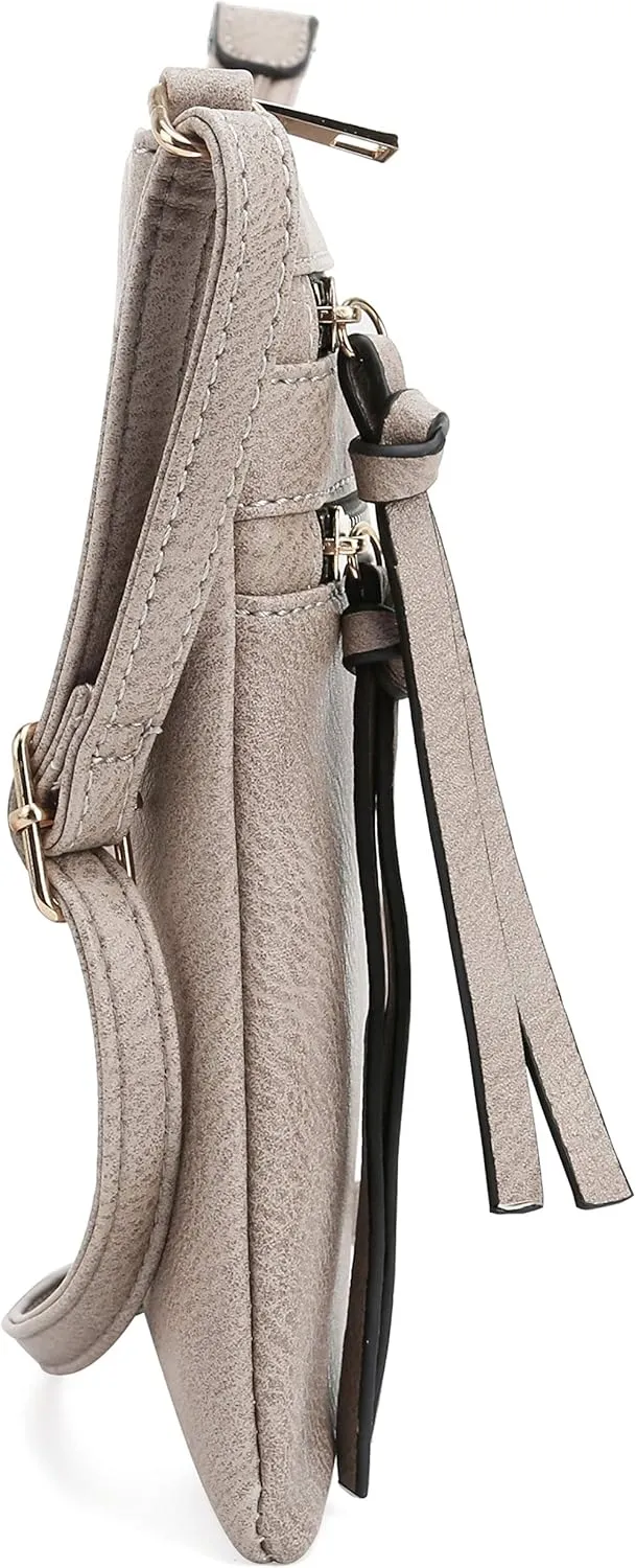 DELUXITY | Crossbody Purse Bag | Functional Multi Pocket Double Zipper Purse | Adjustable Strap | Medium Size Purse | Taupe