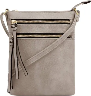 DELUXITY | Crossbody Purse Bag | Functional Multi Pocket Double Zipper Purse | Adjustable Strap | Medium Size Purse | Taupe