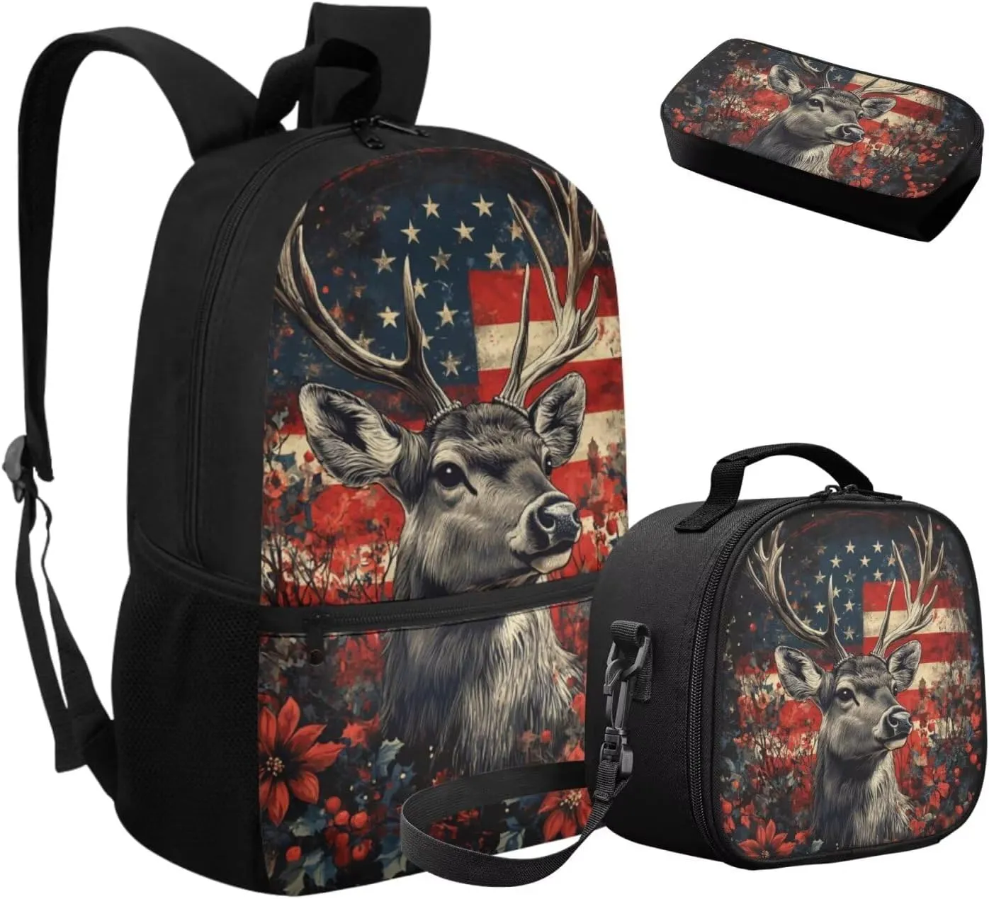 Dolyues American Flag Deer Kids Backpack Set with Lunch Bag & Pencil Case Reusable 3-Piece School Kit Featuring Adjustable Straps, Hidden Carry Handle & Spacious Compartments for Elementary Students