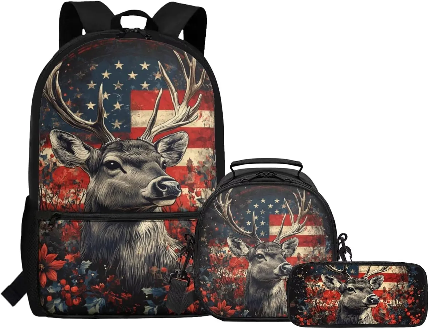 Dolyues American Flag Deer Kids Backpack Set with Lunch Bag & Pencil Case Reusable 3-Piece School Kit Featuring Adjustable Straps, Hidden Carry Handle & Spacious Compartments for Elementary Students
