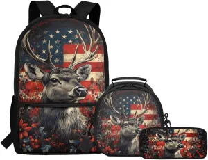 Dolyues American Flag Deer Kids Backpack Set with Lunch Bag & Pencil Case Reusable 3-Piece School Kit Featuring Adjustable Straps, Hidden Carry Handle & Spacious Compartments for Elementary Students