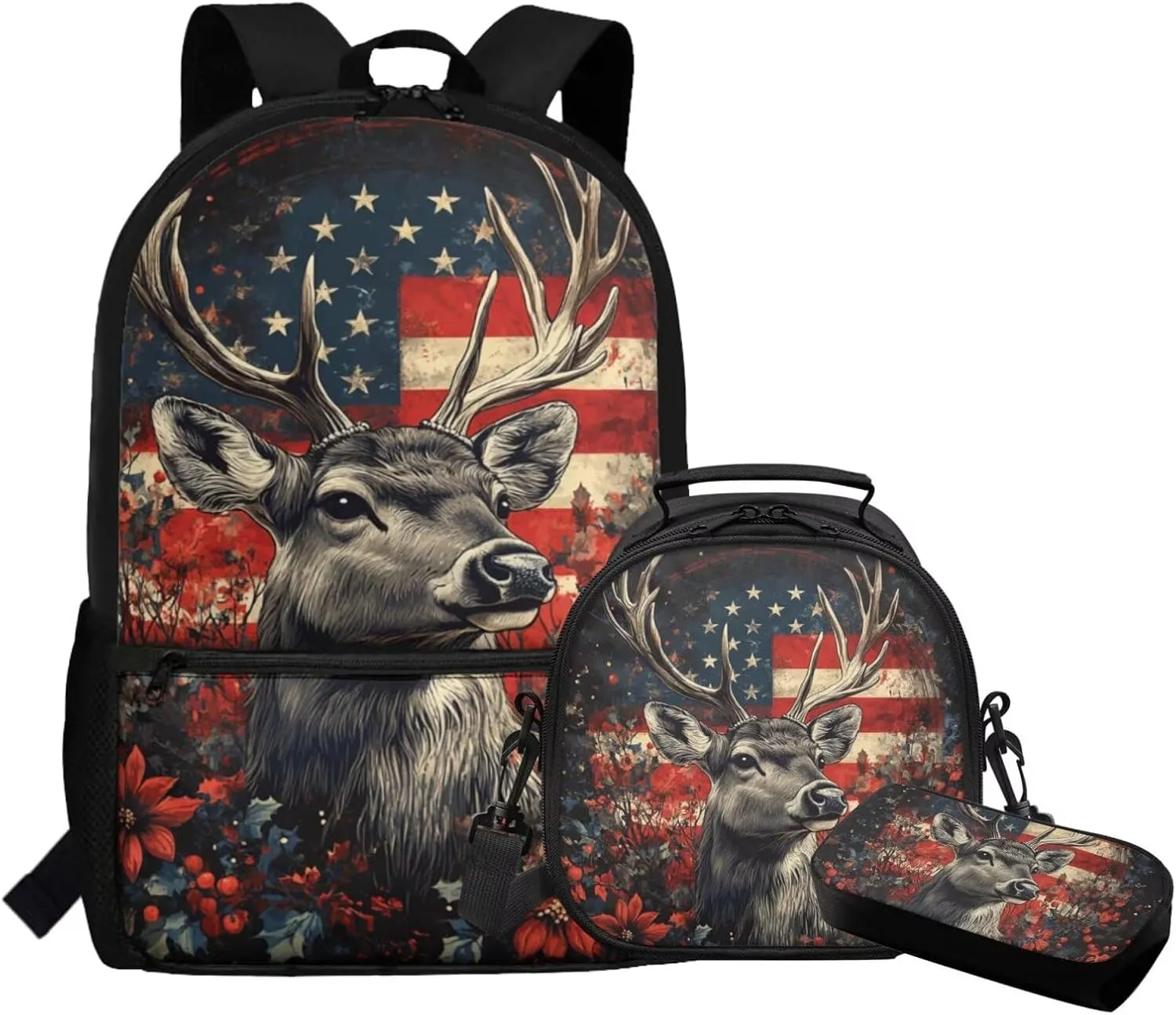 Dolyues American Flag Deer Kids Backpack Set with Lunch Bag & Pencil Case Reusable 3-Piece School Kit Featuring Adjustable Straps, Hidden Carry Handle & Spacious Compartments for Elementary Students