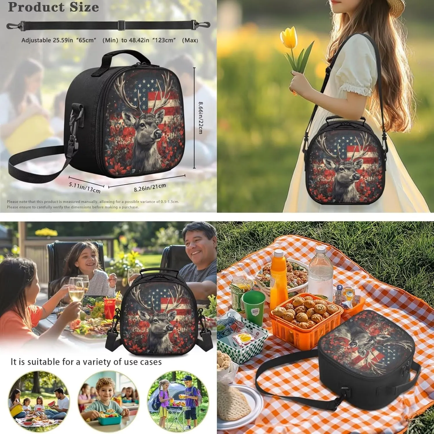 Dolyues American Flag Deer Kids Backpack Set with Lunch Bag & Pencil Case Reusable 3-Piece School Kit Featuring Adjustable Straps, Hidden Carry Handle & Spacious Compartments for Elementary Students