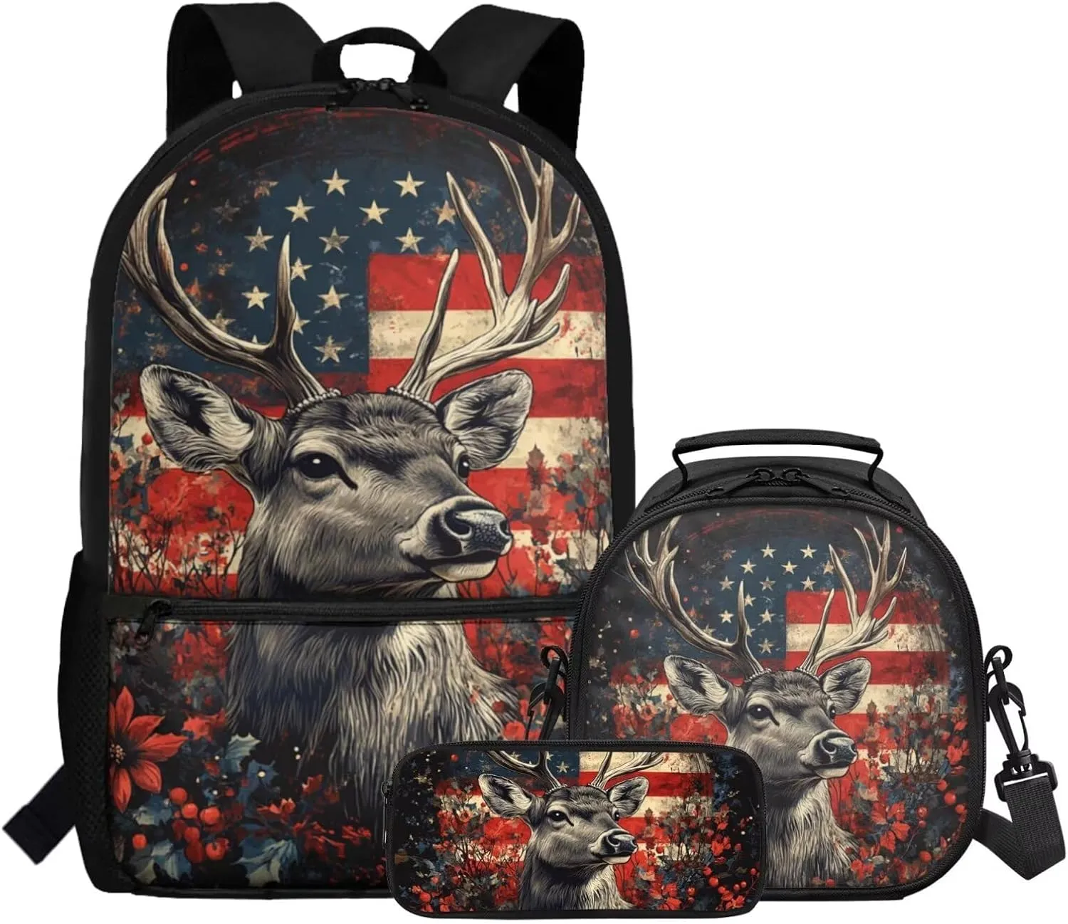 Dolyues American Flag Deer Kids Backpack Set with Lunch Bag & Pencil Case Reusable 3-Piece School Kit Featuring Adjustable Straps, Hidden Carry Handle & Spacious Compartments for Elementary Students