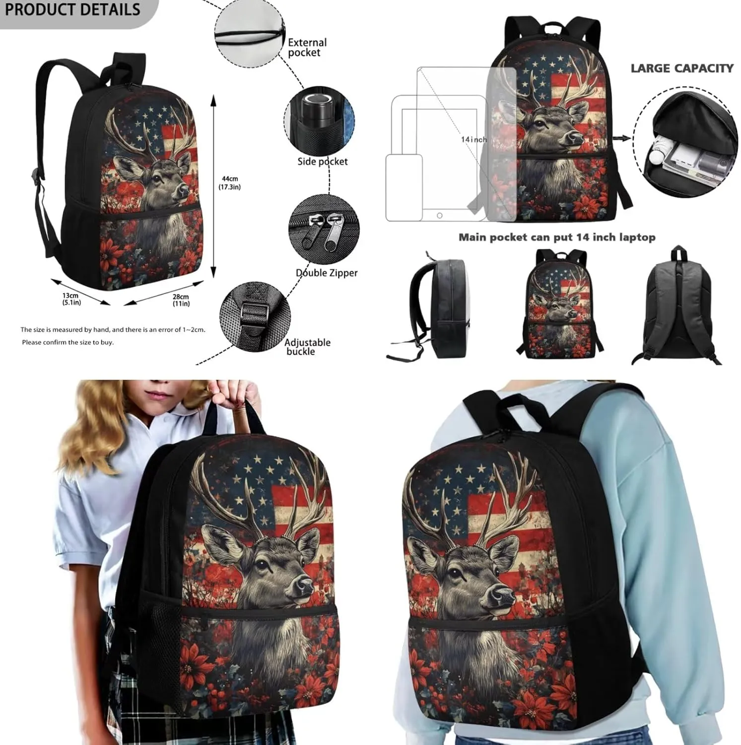 Dolyues American Flag Deer Kids Backpack Set with Lunch Bag & Pencil Case Reusable 3-Piece School Kit Featuring Adjustable Straps, Hidden Carry Handle & Spacious Compartments for Elementary Students