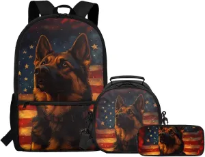 Dolyues American Flag Dog 3-Piece Reusable Backpack Set  Kids School Essentials with Adjustable Straps, Hidden Parent Handle & Front Storage Pocket, Includes Lunch Bag   Pencil Organizer
