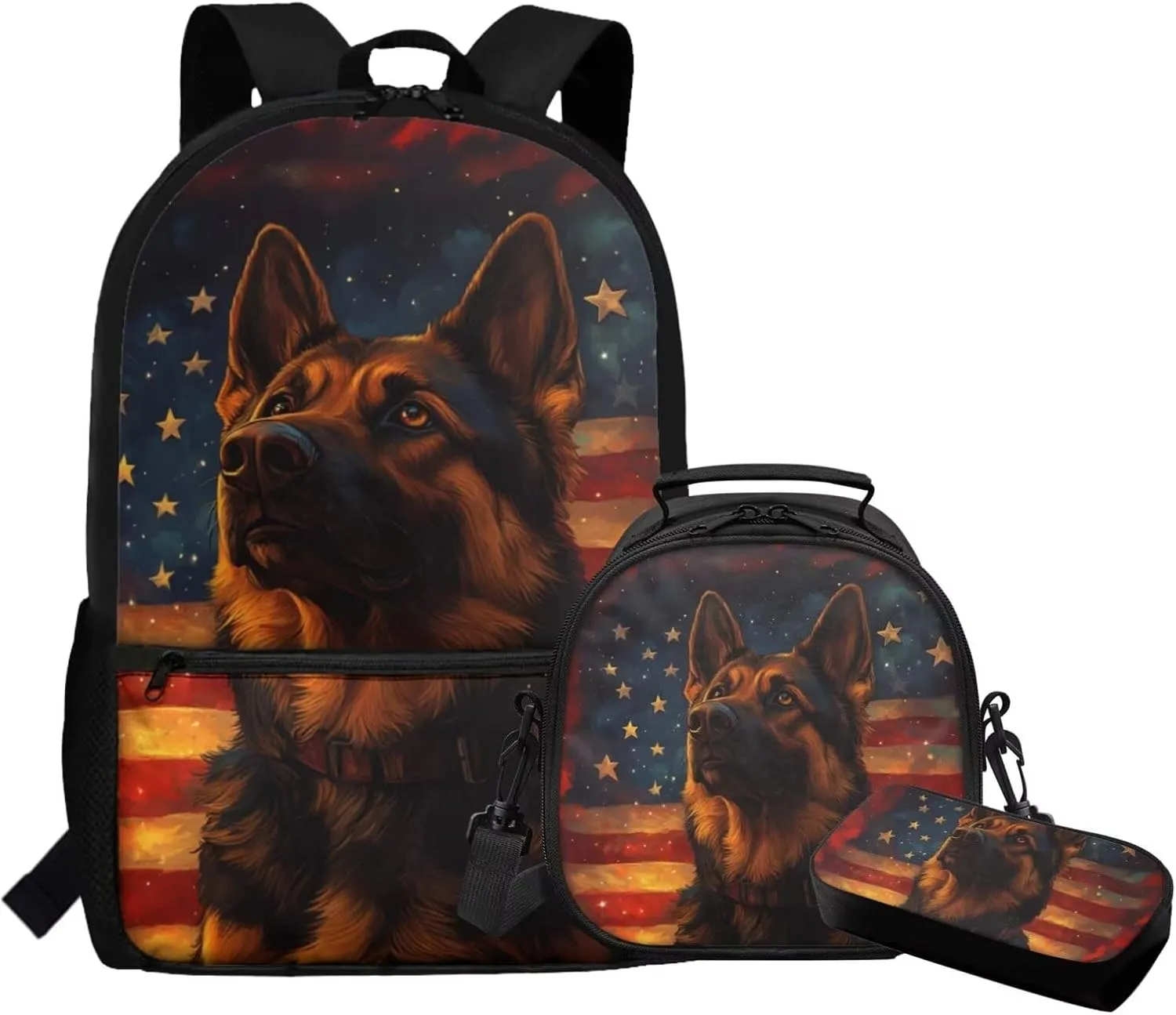 Dolyues American Flag Dog 3-Piece Reusable Backpack Set  Kids School Essentials with Adjustable Straps, Hidden Parent Handle & Front Storage Pocket, Includes Lunch Bag   Pencil Organizer