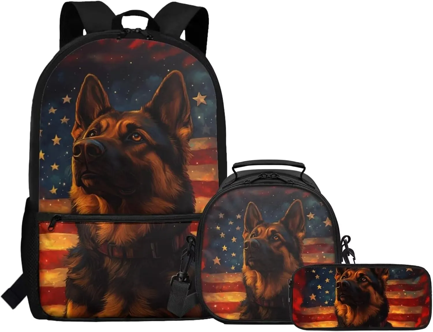 Dolyues American Flag Dog 3-Piece Reusable Backpack Set  Kids School Essentials with Adjustable Straps, Hidden Parent Handle & Front Storage Pocket, Includes Lunch Bag   Pencil Organizer