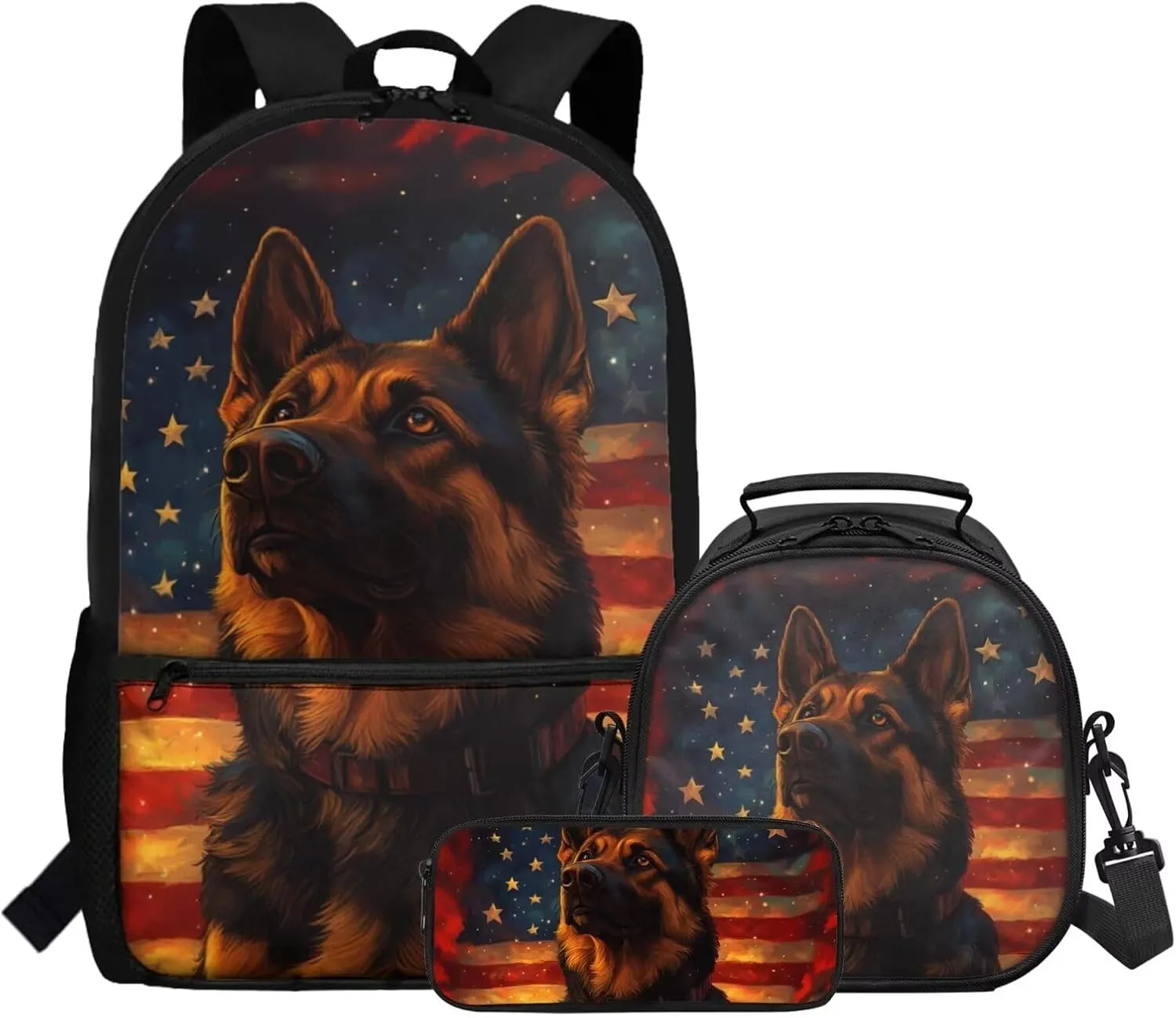 Dolyues American Flag Dog 3-Piece Reusable Backpack Set  Kids School Essentials with Adjustable Straps, Hidden Parent Handle & Front Storage Pocket, Includes Lunch Bag   Pencil Organizer