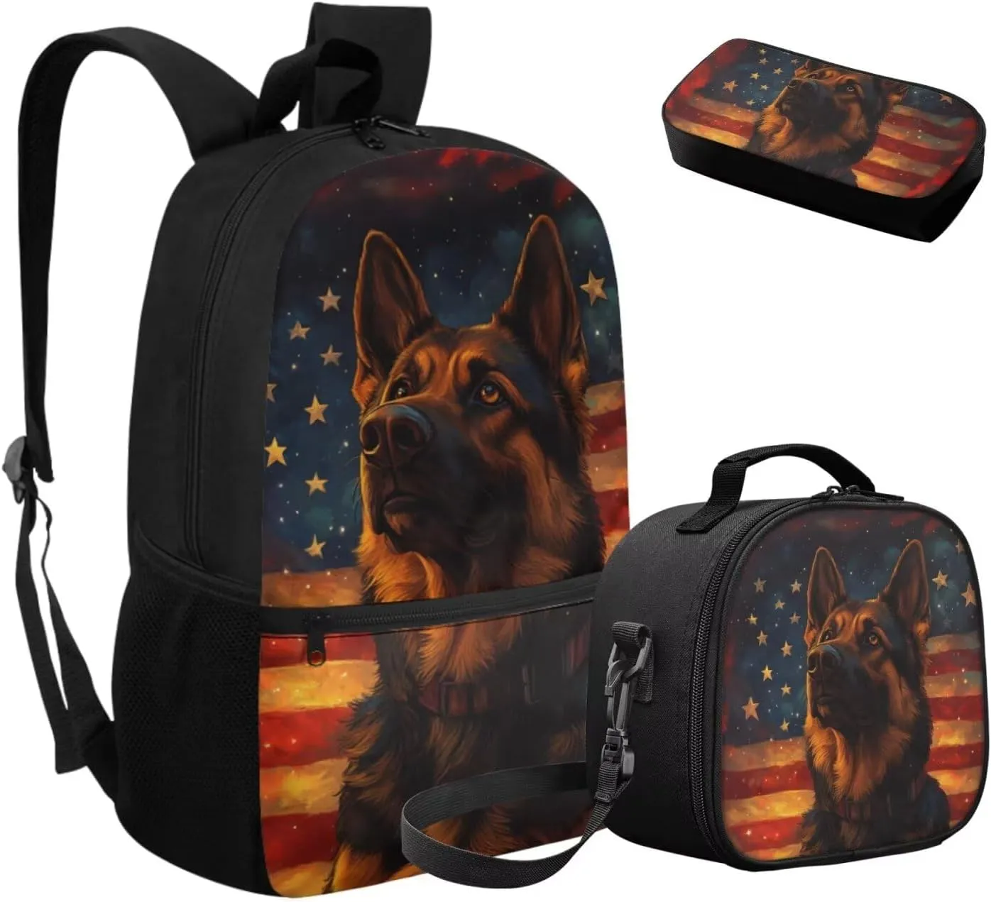 Dolyues American Flag Dog 3-Piece Reusable Backpack Set  Kids School Essentials with Adjustable Straps, Hidden Parent Handle & Front Storage Pocket, Includes Lunch Bag   Pencil Organizer