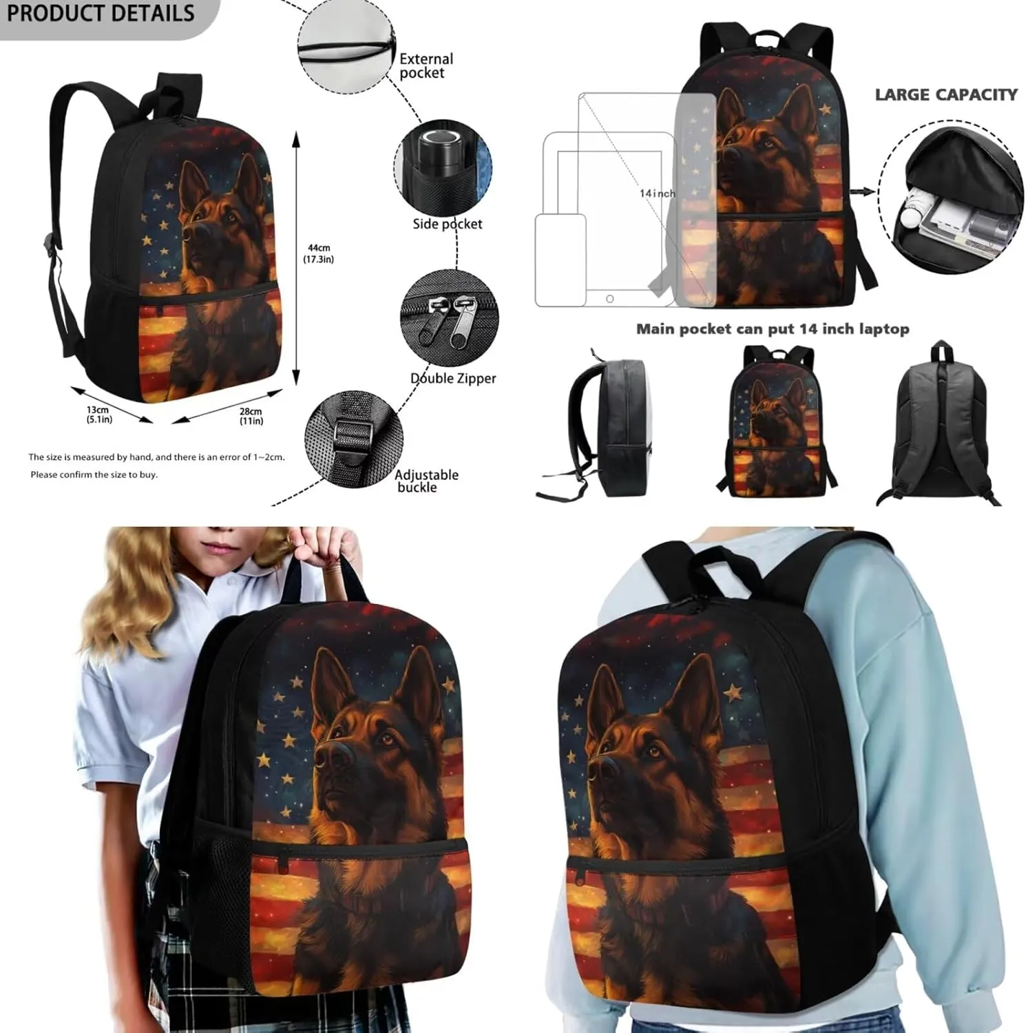 Dolyues American Flag Dog 3-Piece Reusable Backpack Set  Kids School Essentials with Adjustable Straps, Hidden Parent Handle & Front Storage Pocket, Includes Lunch Bag   Pencil Organizer