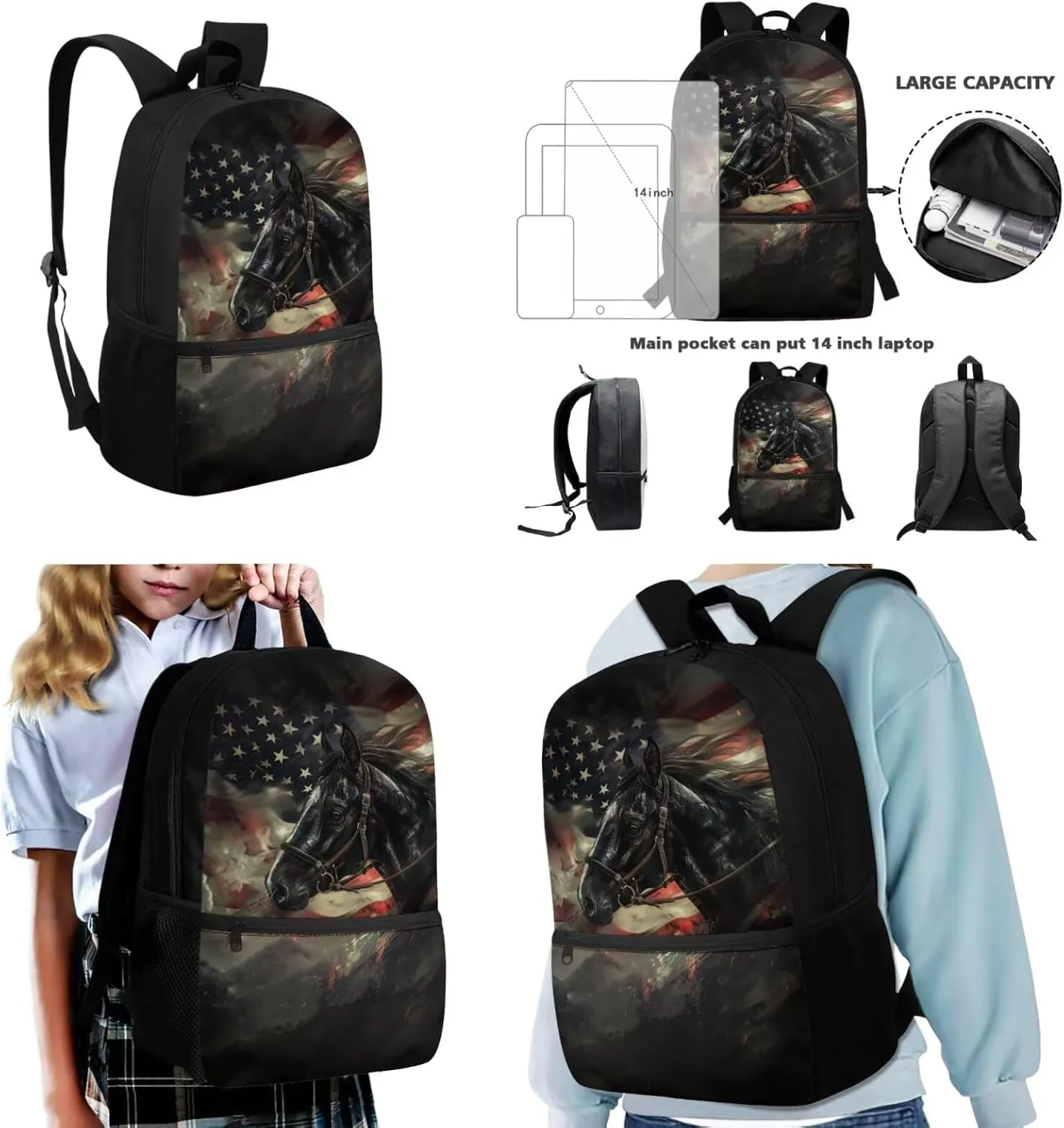 Dolyues American Flag Kids Backpack with Lunch Box 17-Inch Set Horse Boys Backpack 10-12 Years Old, Spacious School Bag for Elementary Students, Lightweight Kids Bookbag for Travel & Sports