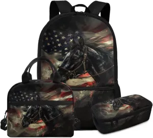 Dolyues American Flag Kids Backpack with Lunch Box 17-Inch Set Horse Boys Backpack 10-12 Years Old, Spacious School Bag for Elementary Students, Lightweight Kids Bookbag for Travel & Sports