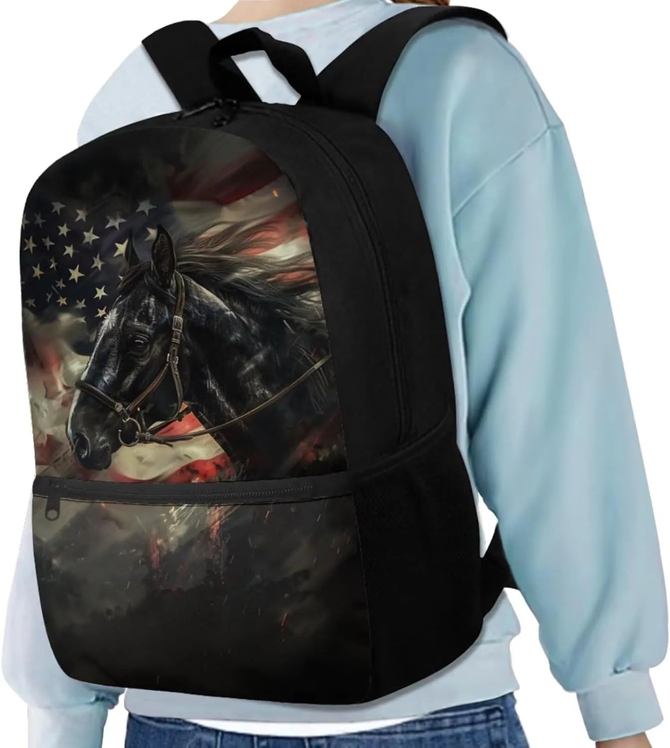 Dolyues American Flag Kids Backpack with Lunch Box 17-Inch Set Horse Boys Backpack 10-12 Years Old, Spacious School Bag for Elementary Students, Lightweight Kids Bookbag for Travel & Sports