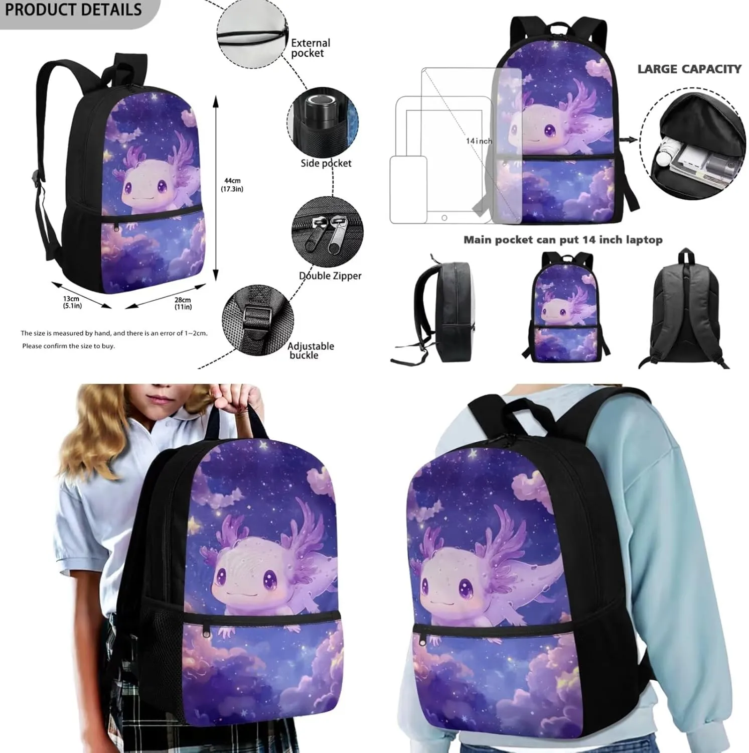 Dolyues Axolotl Girls Backpack Set  17 Inch School Kit with Adjustable Straps, Hidden Carry Handle & Spacious Compartments, Includes Thermal Lunch Bag   Durable Polyester Pencil Pouch