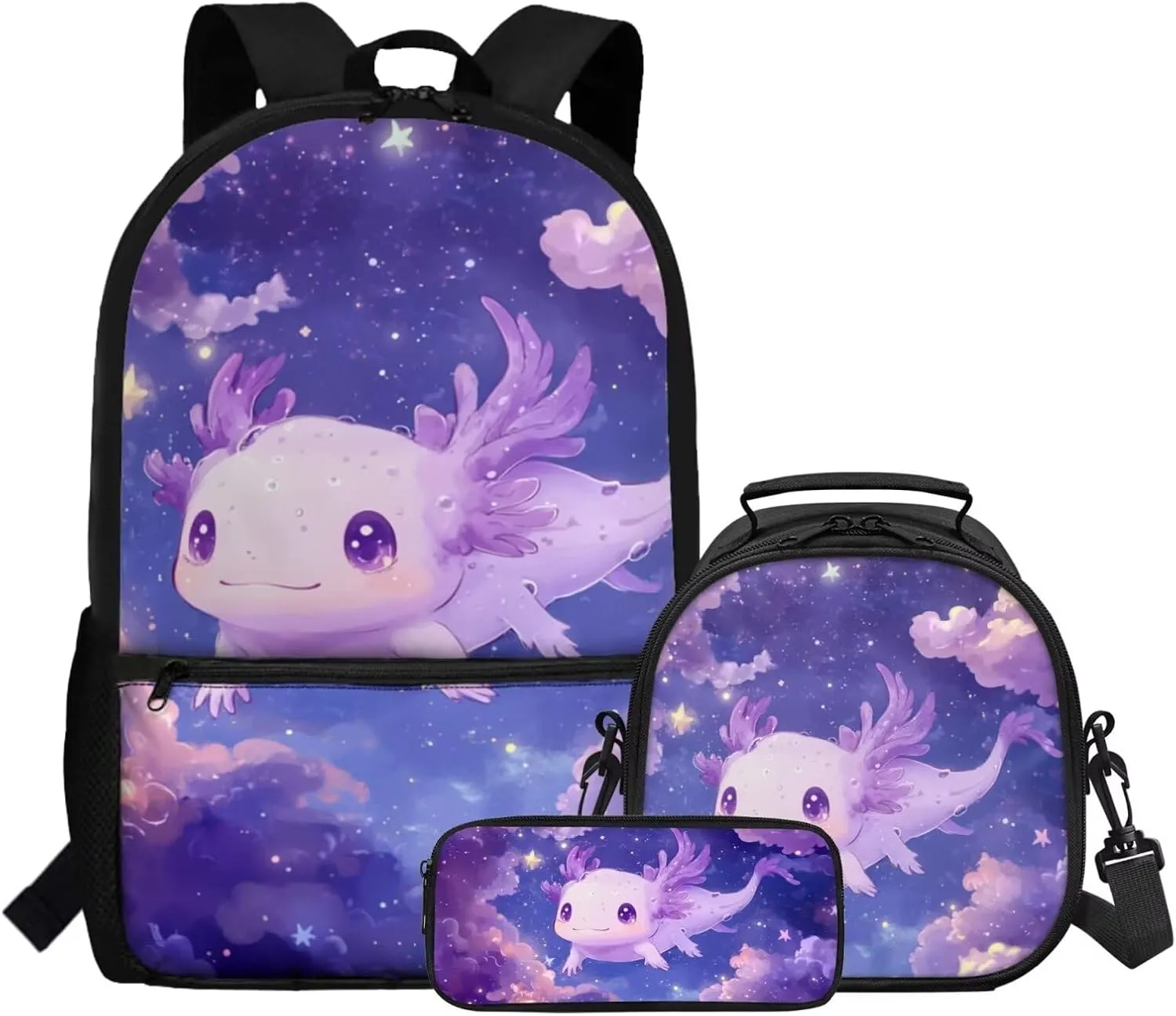 Dolyues Axolotl Girls Backpack Set  17 Inch School Kit with Adjustable Straps, Hidden Carry Handle & Spacious Compartments, Includes Thermal Lunch Bag   Durable Polyester Pencil Pouch