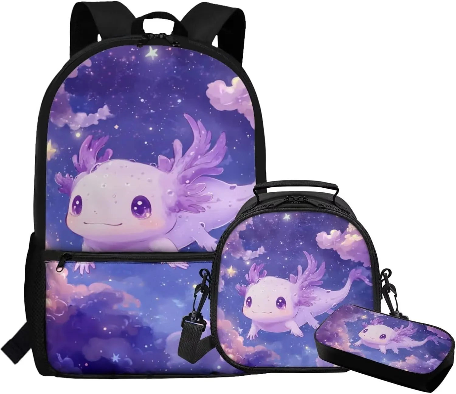 Dolyues Axolotl Girls Backpack Set  17 Inch School Kit with Adjustable Straps, Hidden Carry Handle & Spacious Compartments, Includes Thermal Lunch Bag   Durable Polyester Pencil Pouch