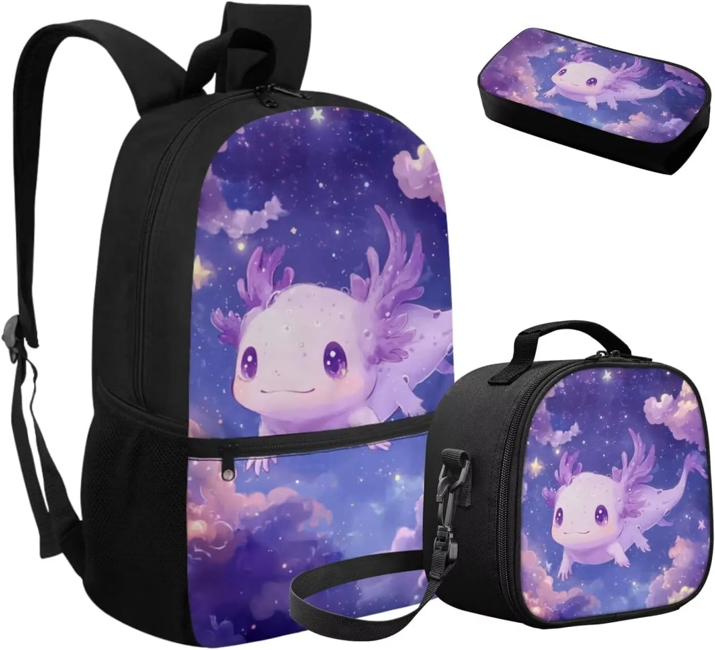 Dolyues Axolotl Girls Backpack Set  17 Inch School Kit with Adjustable Straps, Hidden Carry Handle & Spacious Compartments, Includes Thermal Lunch Bag   Durable Polyester Pencil Pouch