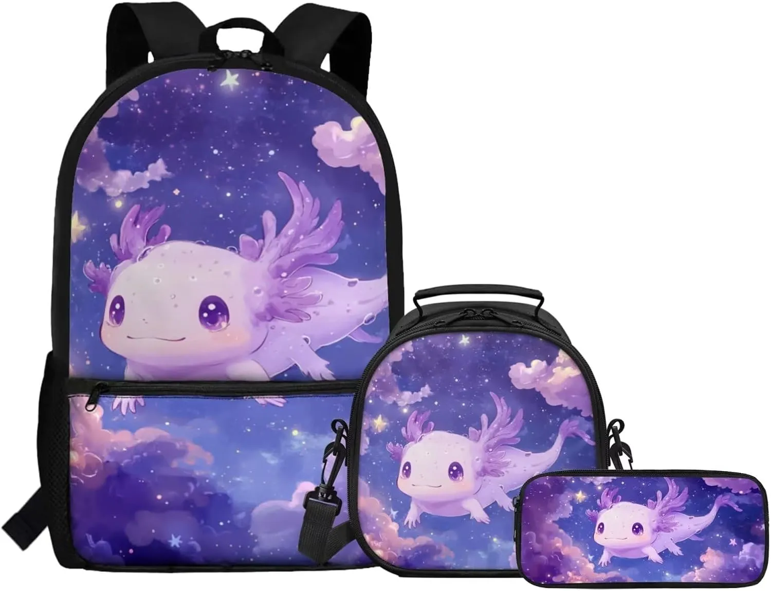 Dolyues Axolotl Girls Backpack Set  17 Inch School Kit with Adjustable Straps, Hidden Carry Handle & Spacious Compartments, Includes Thermal Lunch Bag   Durable Polyester Pencil Pouch